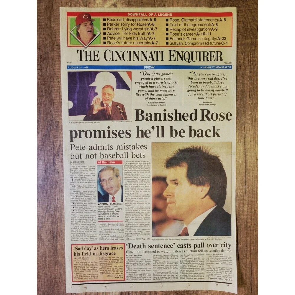 1989 Aug: Cincinnati Enquirer MLB Baseball - Reds Pete Rose Suspended/Banished!